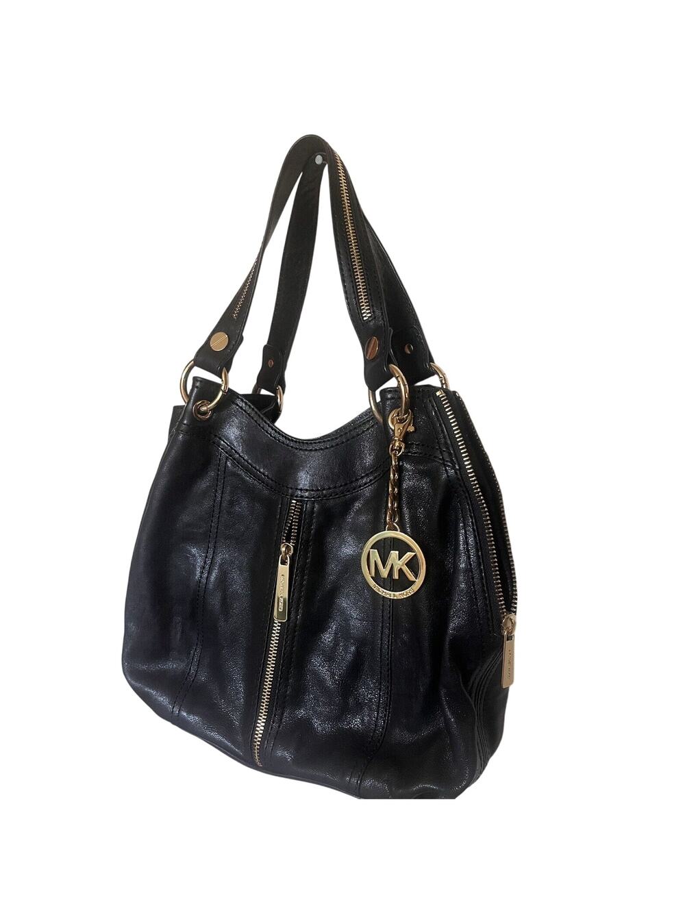 Michael Kors Moxley Black Leather Gold Zippers Details Shoulder Bag